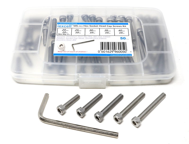 iexcell 50 Pcs M5 x 20/25/30/35/40mm Thread Pitch 0.8 mm Stainless Steel 304 Hex Socket Head Cap Screws Bolts Assortment Kit - Image 1